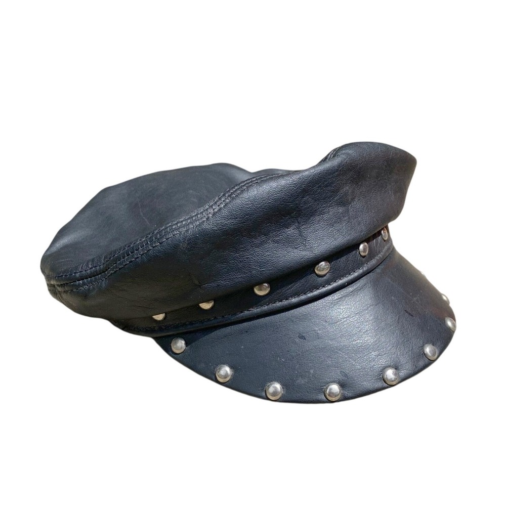 Vintage Henschel USA Black Leather Biker Cap Studded Military Hat Small Y2K Punk